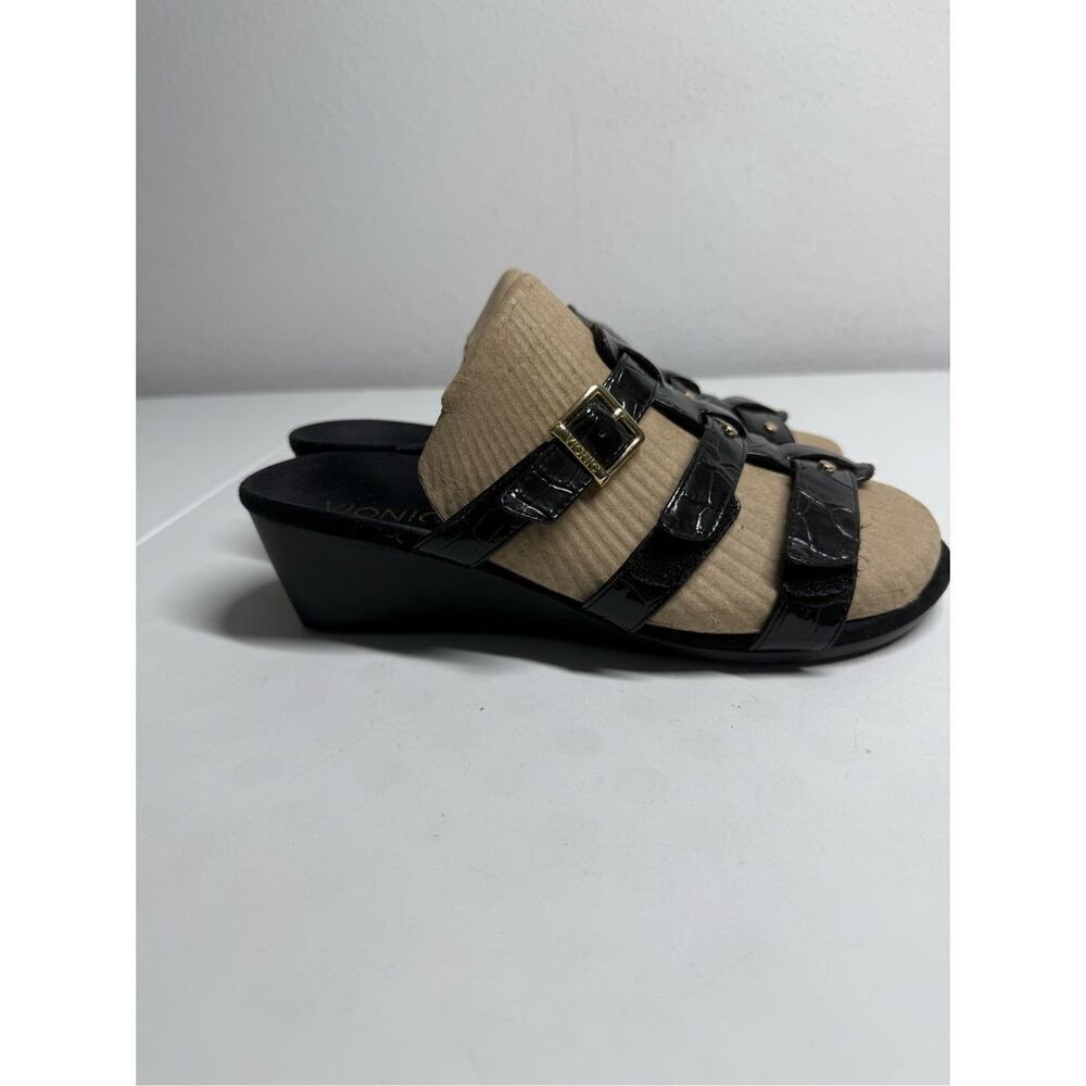 Vionic Radia Black Patent Croco Wedge Sandals Size 8 US Adjustable 3 Strap Gold